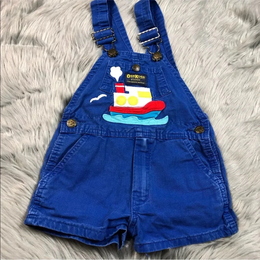 Vintage Made Usa Oshkosh Bgosh Blue Tug Boat Applique Short Overalls